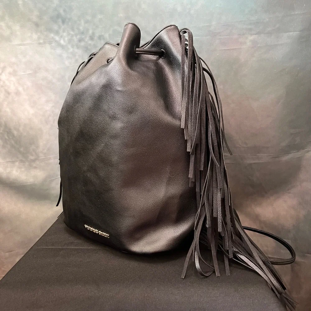 Victorias Secret Black Faux Leather Fringe Drawstring‎ Backpack Gold Logo Bag
